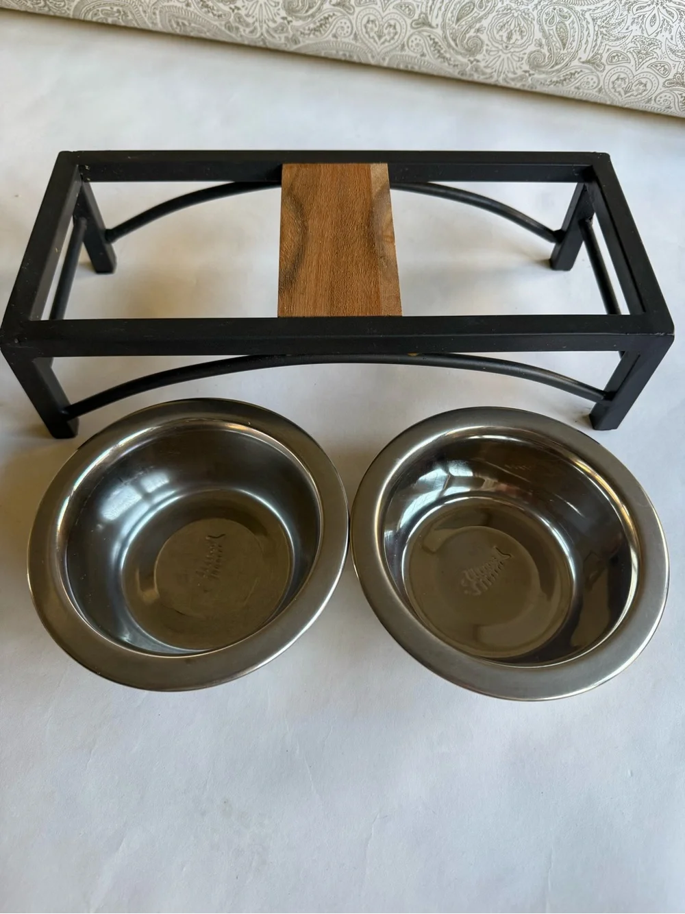 Elevated Black Double Pet Feeder with Stainless Steel Bowls Small